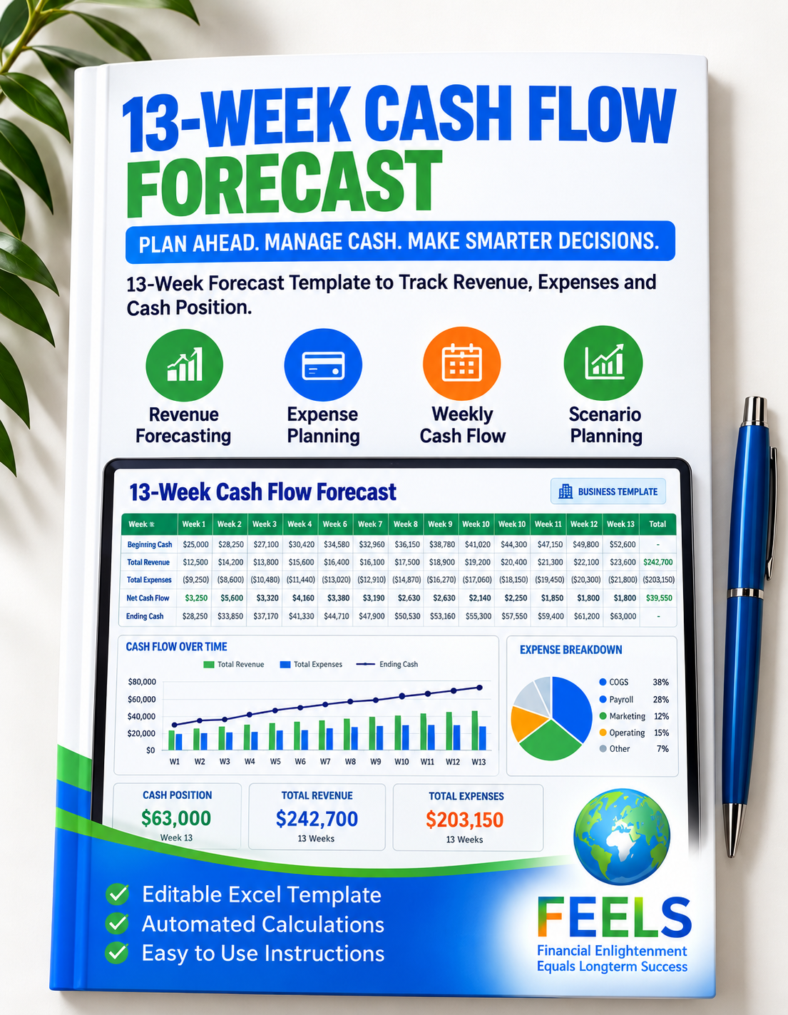 FEELS 13-Week Cash Flow Forecast workbook cover with cash planning dashboard