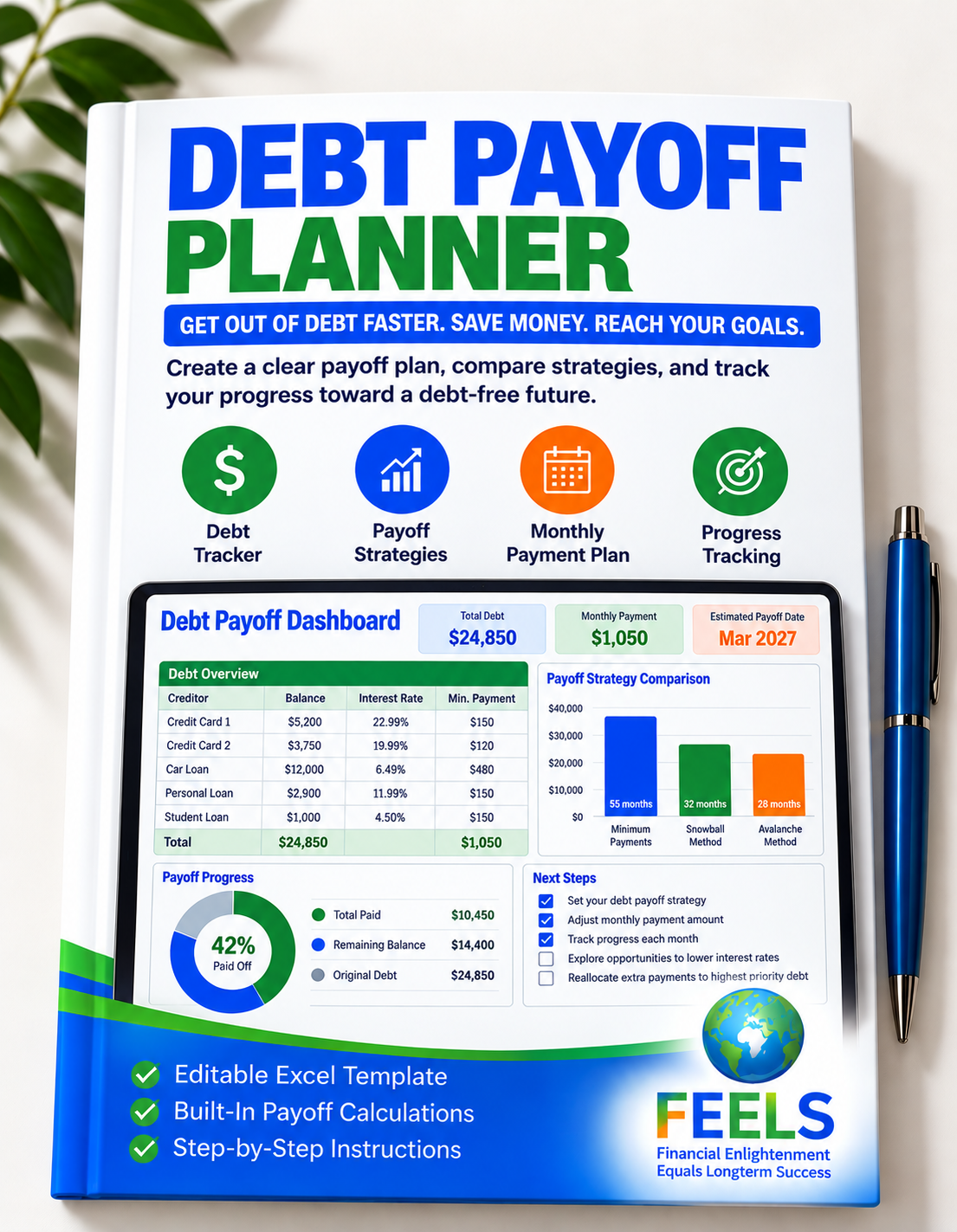 FEELS Debt Payoff Planner workbook cover with repayment tracking dashboard