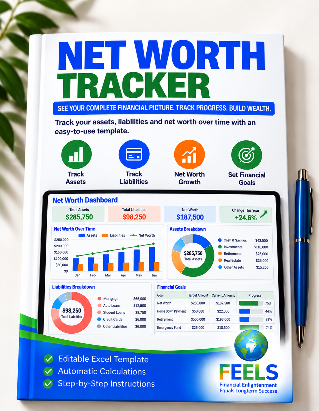 FEELS Net Worth Tracker workbook cover with assets and liabilities dashboard