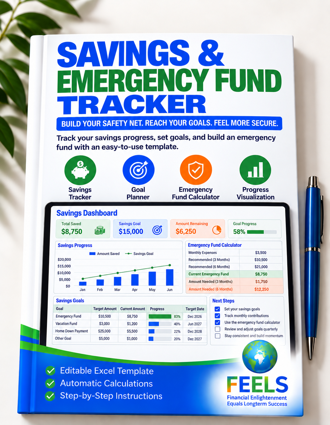 FEELS Savings and Emergency Fund Tracker workbook cover with savings goals dashboard